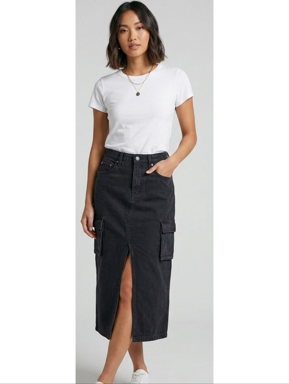 Sincerely Jules Front Slit Cargo Denim Maxi Skirt Black Wash Size 7/27